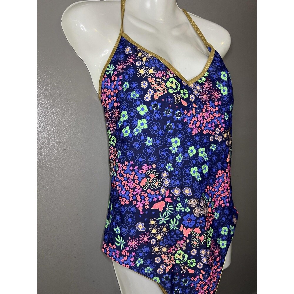 Aerie Swimsuit Womens XL Blue Floral One Piece Triangle Crisscross Back Strappy - Picture 4 of 12